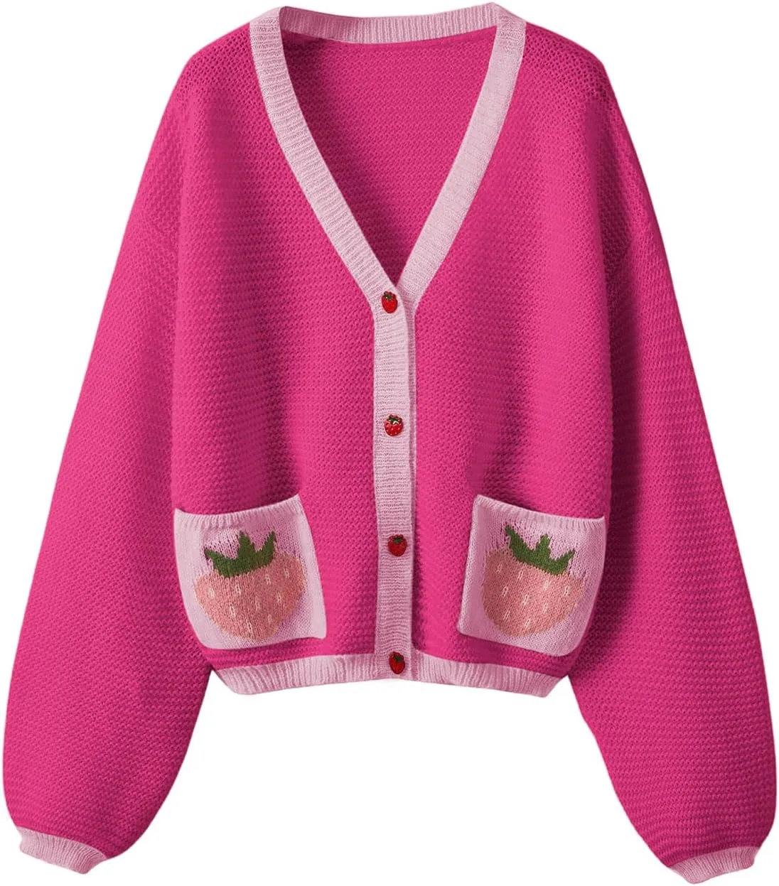 SHENHE Women's Strawberry Pattern Open Front Bishop Sleeve Casual Cardigan