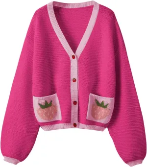 SHENHE Women's Strawberry Pattern Open Front Bishop Sleeve Casual Cardigan
