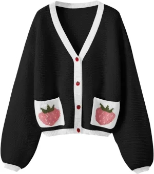 SHENHE Women's Strawberry Pattern Open Front Bishop Sleeve Casual Cardigan