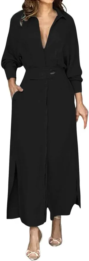 Shirt Dress for Women Lapel Collar Loose Cotton Linen Long Sleeve Cardigan Dresses Slim Fit High Waist Dress