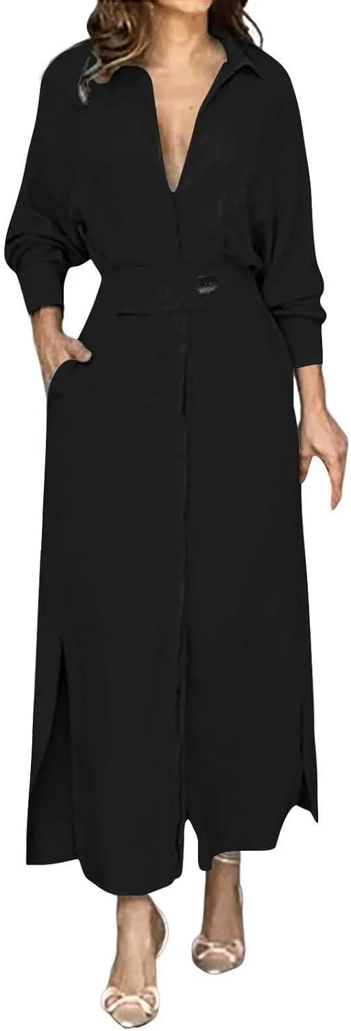 Shirt Dress for Women Lapel Collar Loose Cotton Linen Long Sleeve Cardigan Dresses Slim Fit High Waist Dress