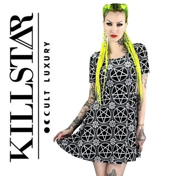 Short Sleeve Dress | Pentagram | Velvet Skater, Let's Make Magic Dress Black