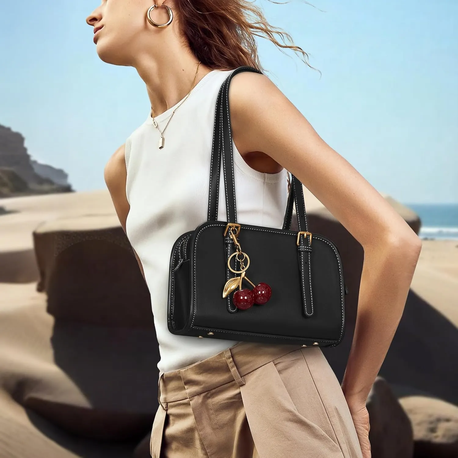 Shoulder Bag Red Purse for Women Leather Swing Bag Zip Handbag Burgundy Purse with Cherry Pendant