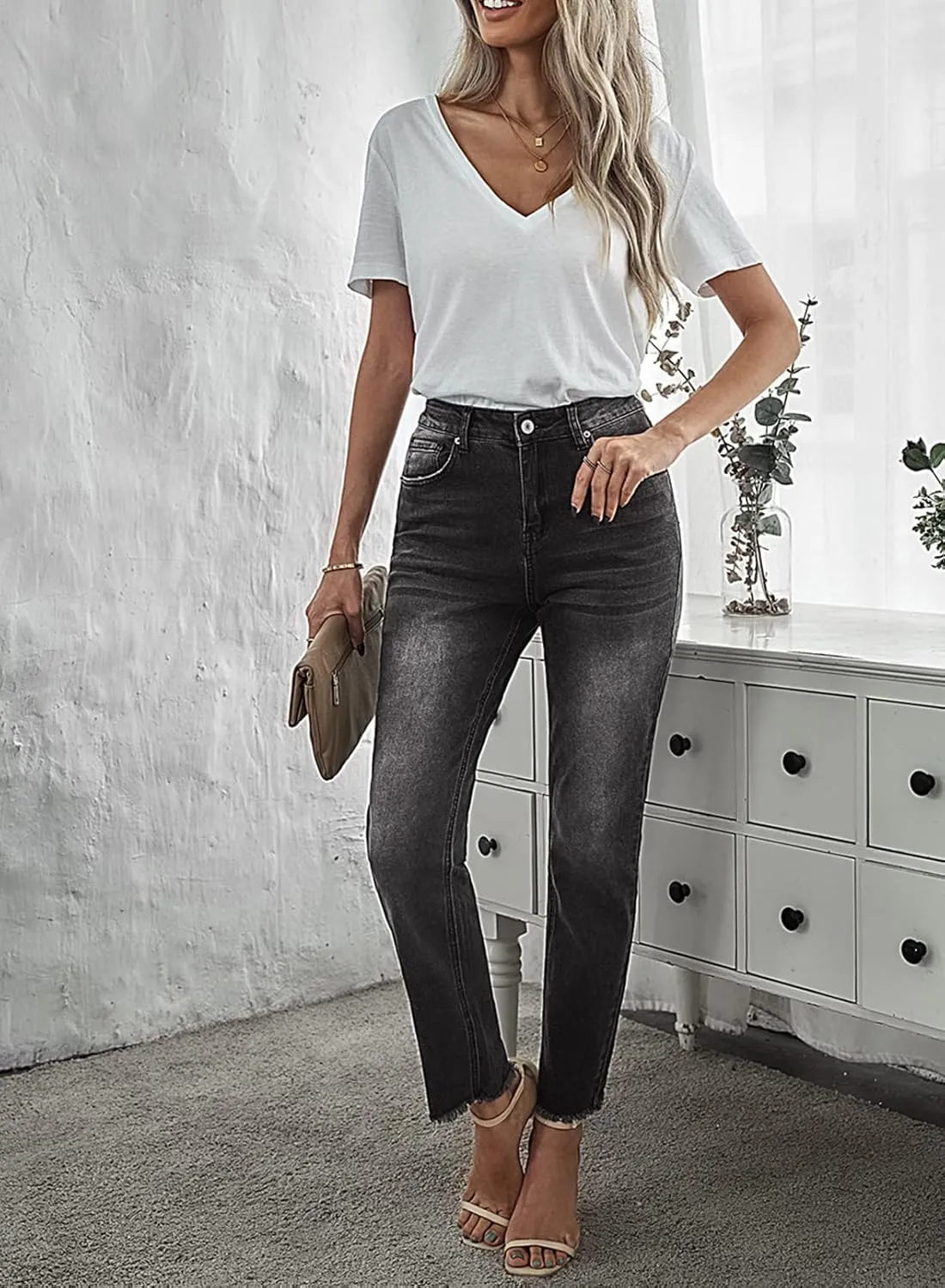 Sidefeel Women's Boyfriend Jeans Stretchy Ripped Distressed Zimbaplatinum Denim Pants Size 4-18