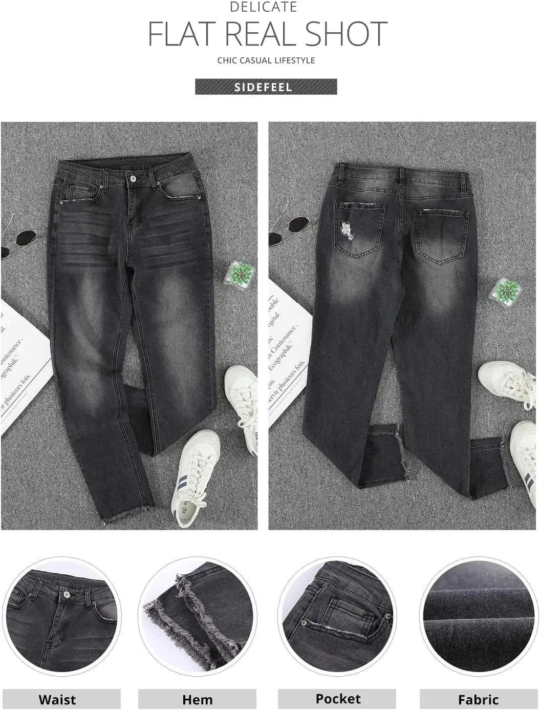 Sidefeel Women's Boyfriend Jeans Stretchy Ripped Distressed Zimbaplatinum Denim Pants Size 4-18