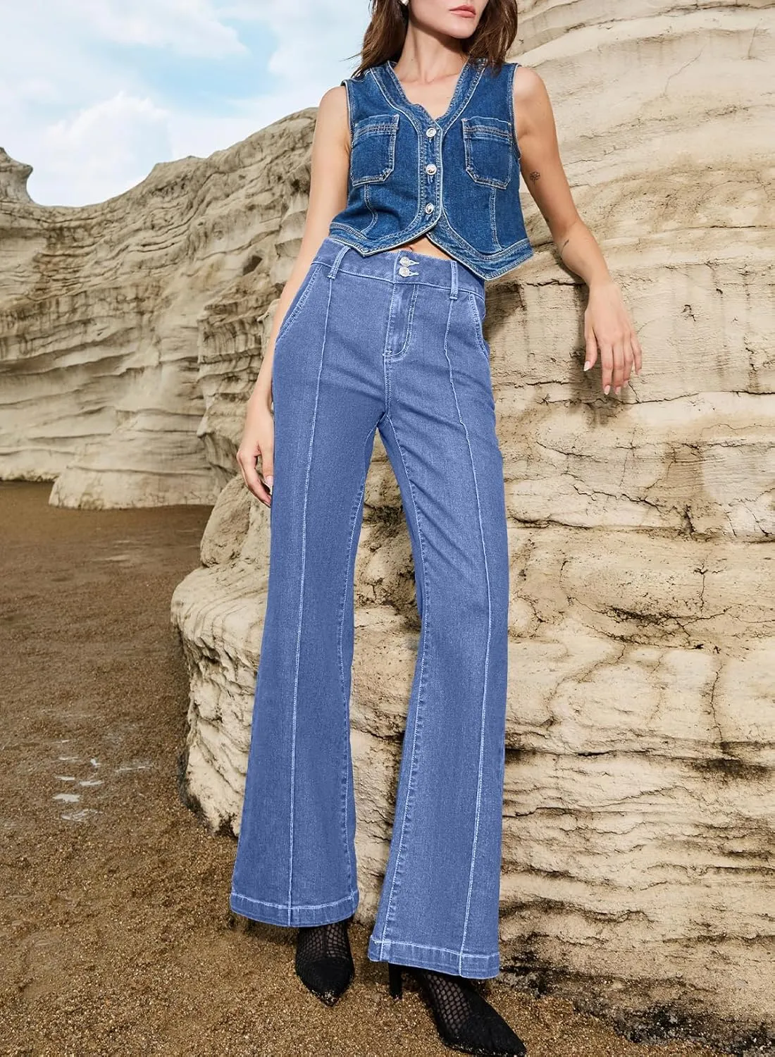 Sidefeel Womens Wide Leg Jeans Casual Baggy High Waisted Stretch Denim Pants