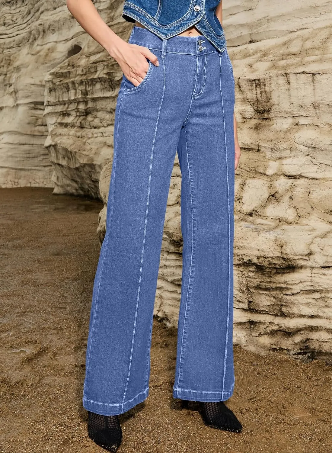 Sidefeel Womens Wide Leg Jeans Casual Baggy High Waisted Stretch Denim Pants