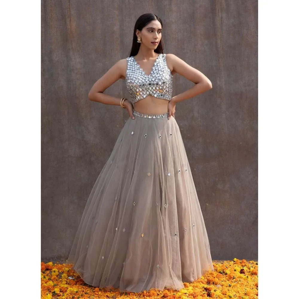 Silky Bindra V-Hem Blouse & Tulle Lehenga (Set of 3)