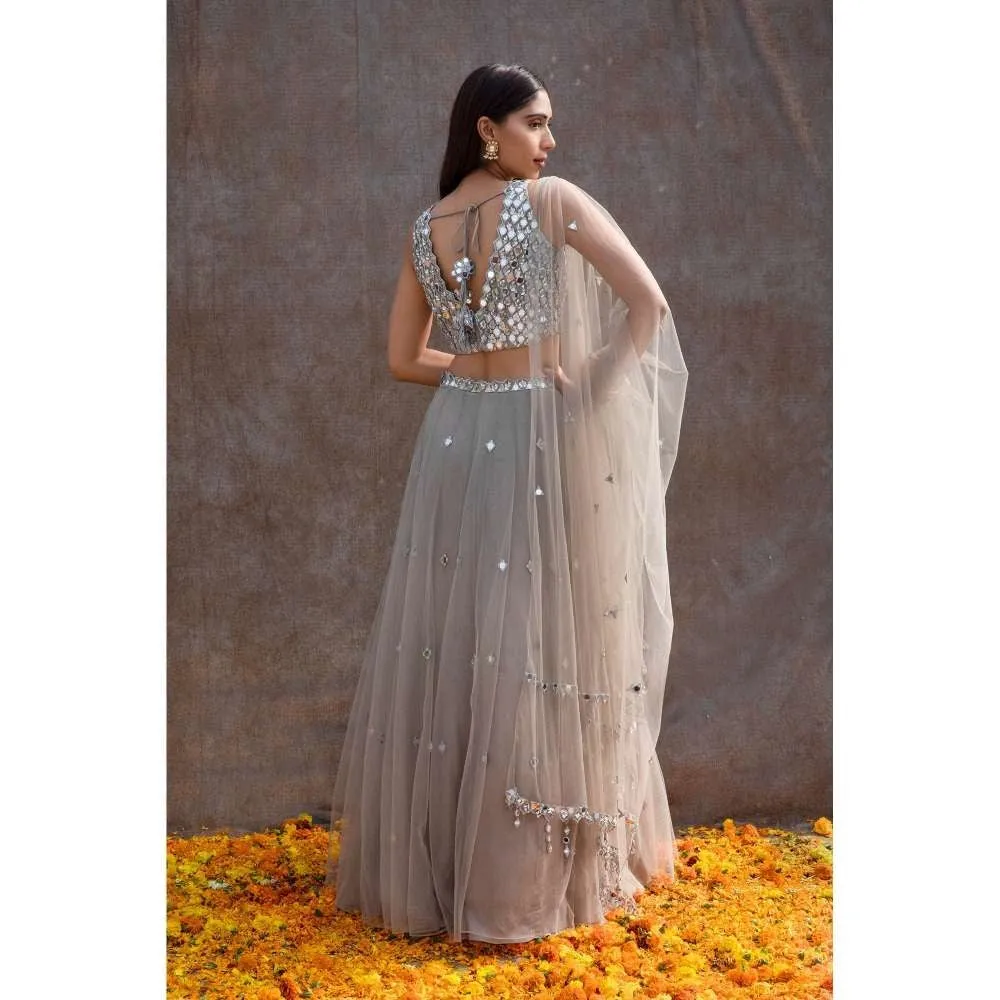 Silky Bindra V-Hem Blouse & Tulle Lehenga (Set of 3)