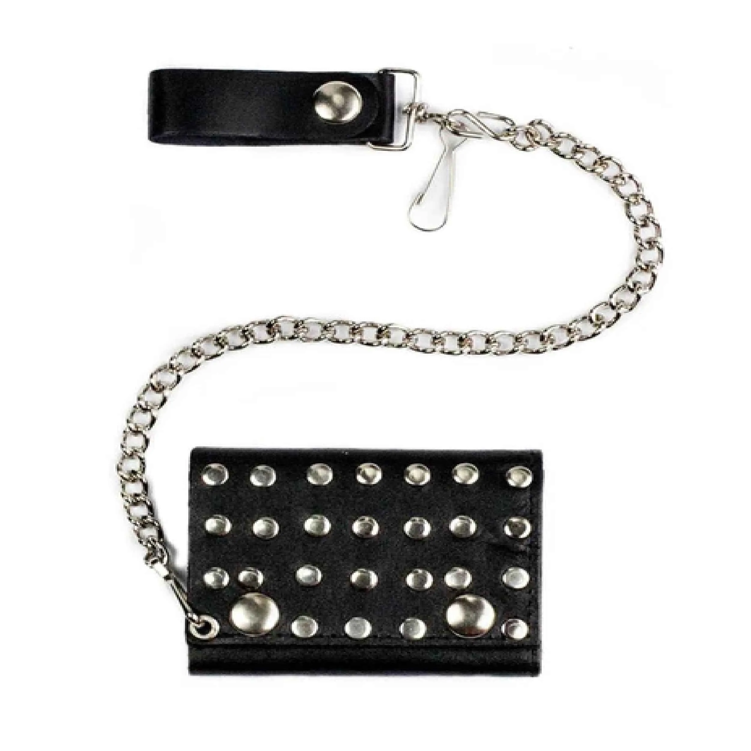 Silver Studded Trifold Leather Wallets with Chain