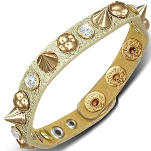 Silver-Tone Faux PU Leather Alloy CZ Spikes Snap Wristband Adjustable Bracelet