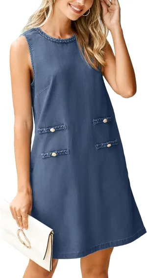 Simplee Womens Denim Dress Summer Sleeveless Casual Mini Dresses Crewneck Western Jean Dress with Pockets