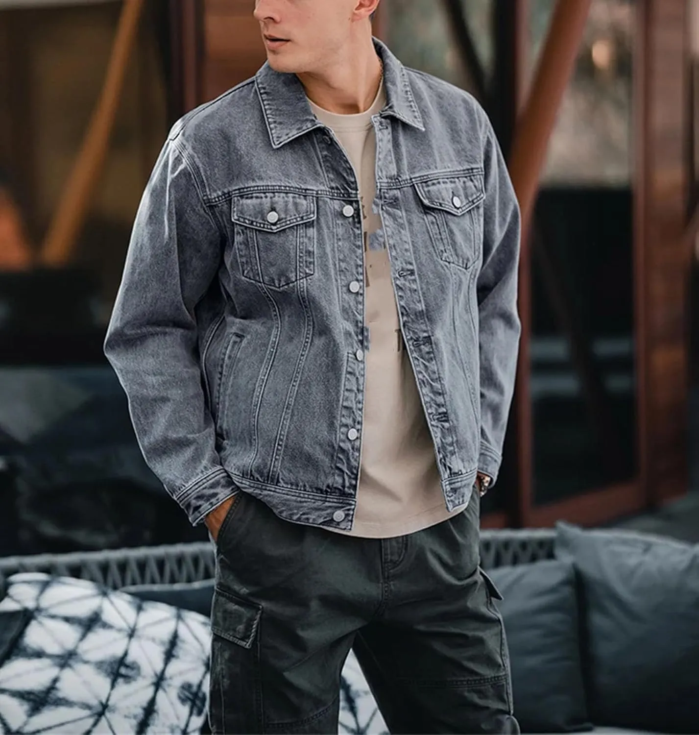 SIMWOOD 2024 Autumn New Oversize Denim Jackets Men 12oz Washed Classical Denim Coats