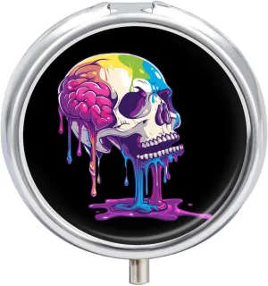 Skeleton Skull A Brain Invade Round Pill Case Travel Pill Organizer Pill Box Portable Pill Containers for Women Men