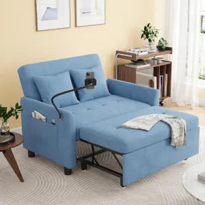 Sleeper Sofa Bed, 3 in 1 Convertible Sleeper Couch Bed Pull Out, Small Loveseat Sofa, Futon Sofa Bed Full Size, 46" Velvet Love Seat with Pillow and Phone Holder for Living Room, Blue