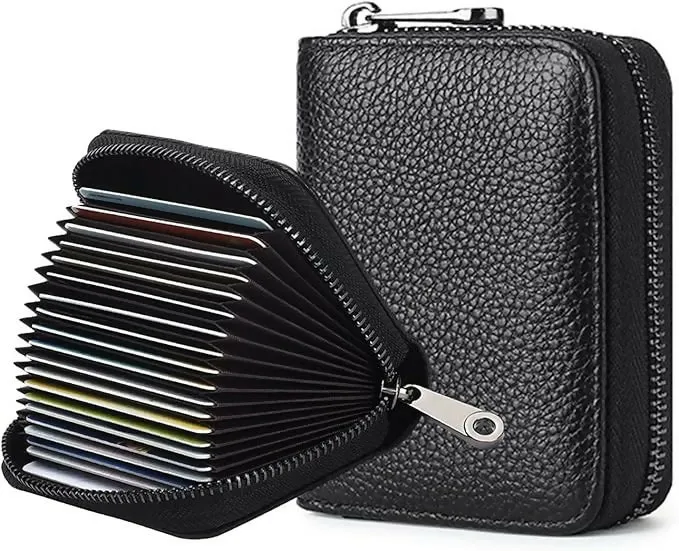 Slim RFID-Blocking Genuine Leather Wallet for Women – 12 Card Slots, Zipper Pocket & ID Pouch