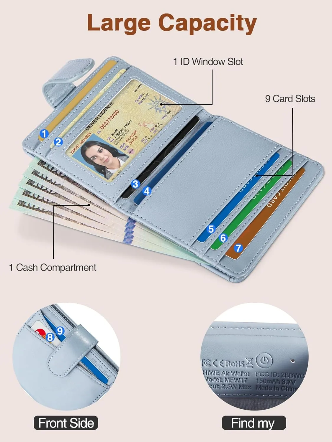 Slim Wallet for Women, Wallet Women with Smart Tracker Works with Apple Find My, RFID Blocking Bifold Credit Card Holder Genuine Leather Small Wallet for Women with ID Window, 8 Cards Holder, Blue
