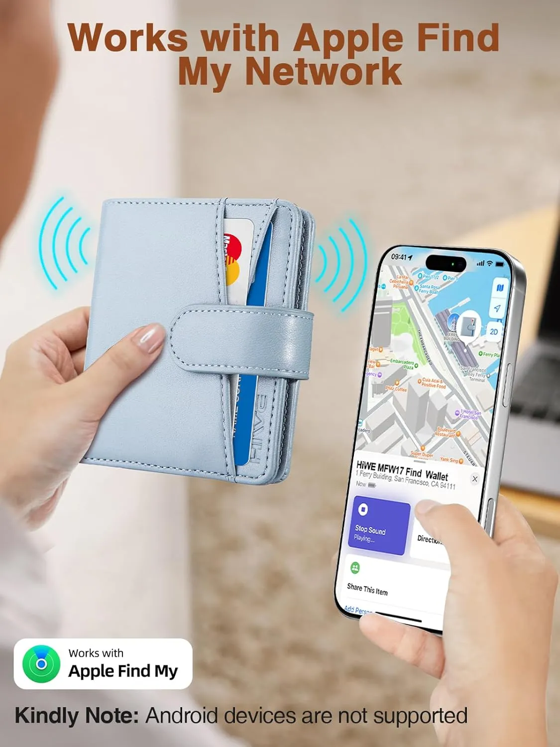 Slim Wallet for Women, Wallet Women with Smart Tracker Works with Apple Find My, RFID Blocking Bifold Credit Card Holder Genuine Leather Small Wallet for Women with ID Window, 8 Cards Holder, Blue