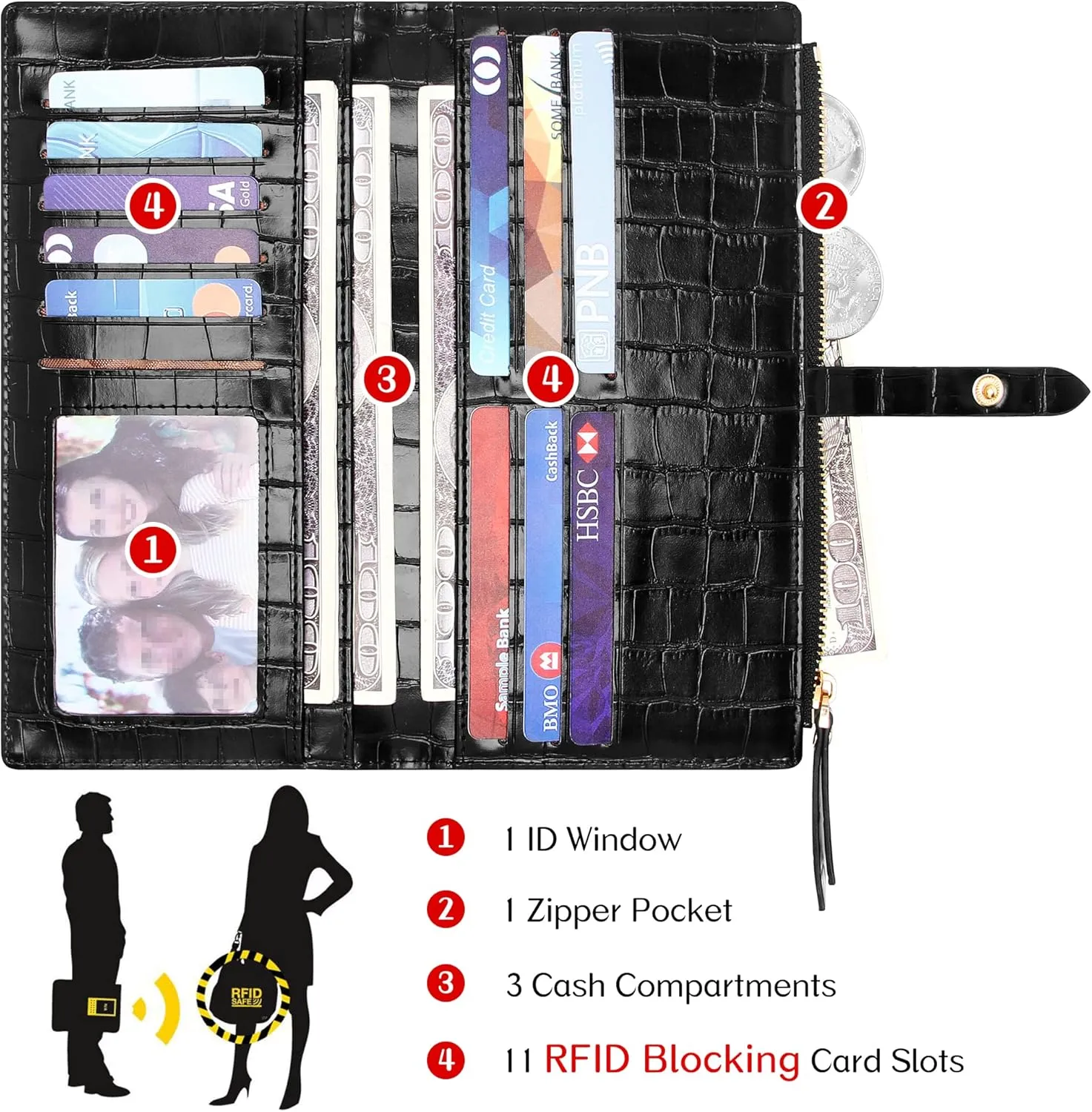 Slim Wallets for Women Credit Card Holder RFID Bifold Clutch Wallets Checkbook with Zipper Pocket