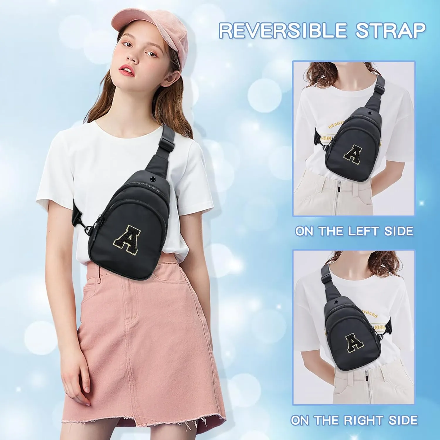 Small Initial Crossbody Sling Bag for Girls and Women, Cute Kids Fanny Pack, Personalized Gift for 7 8 9 10 11 12 13 Year Old Girls(Black,A)