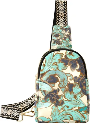 Small Sling Bag Retro Ornamental Swirls Crossbody Bag PU Leather Sling Purse for Women