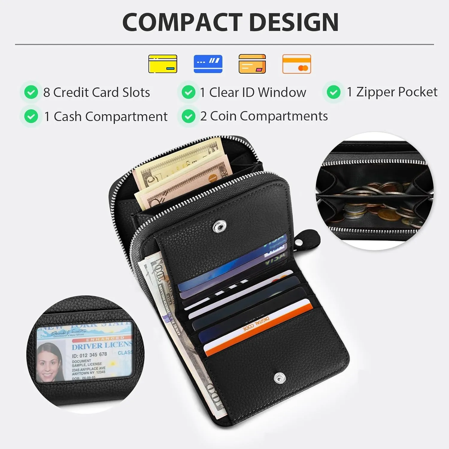 Small Wallet for Women, Genuine Leather RFID Blocking Credit Card Holder Slim Compact Coin Purse Women's Wallets with ID Window 8 Card Slots