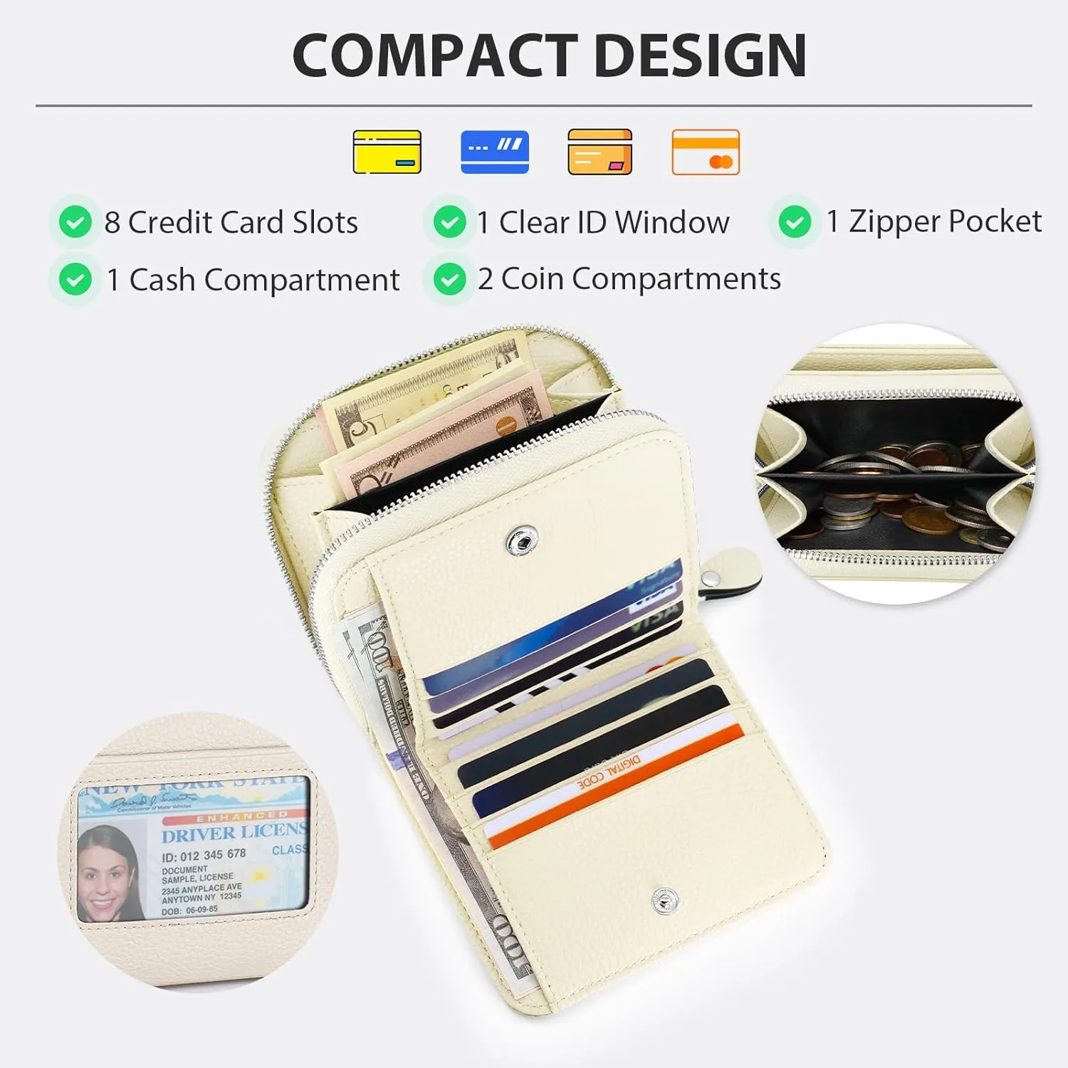 Small Wallet for Women, Genuine Leather RFID Blocking Credit Card Holder Slim Compact Coin Purse Women's Wallets with ID Window 8 Card Slots