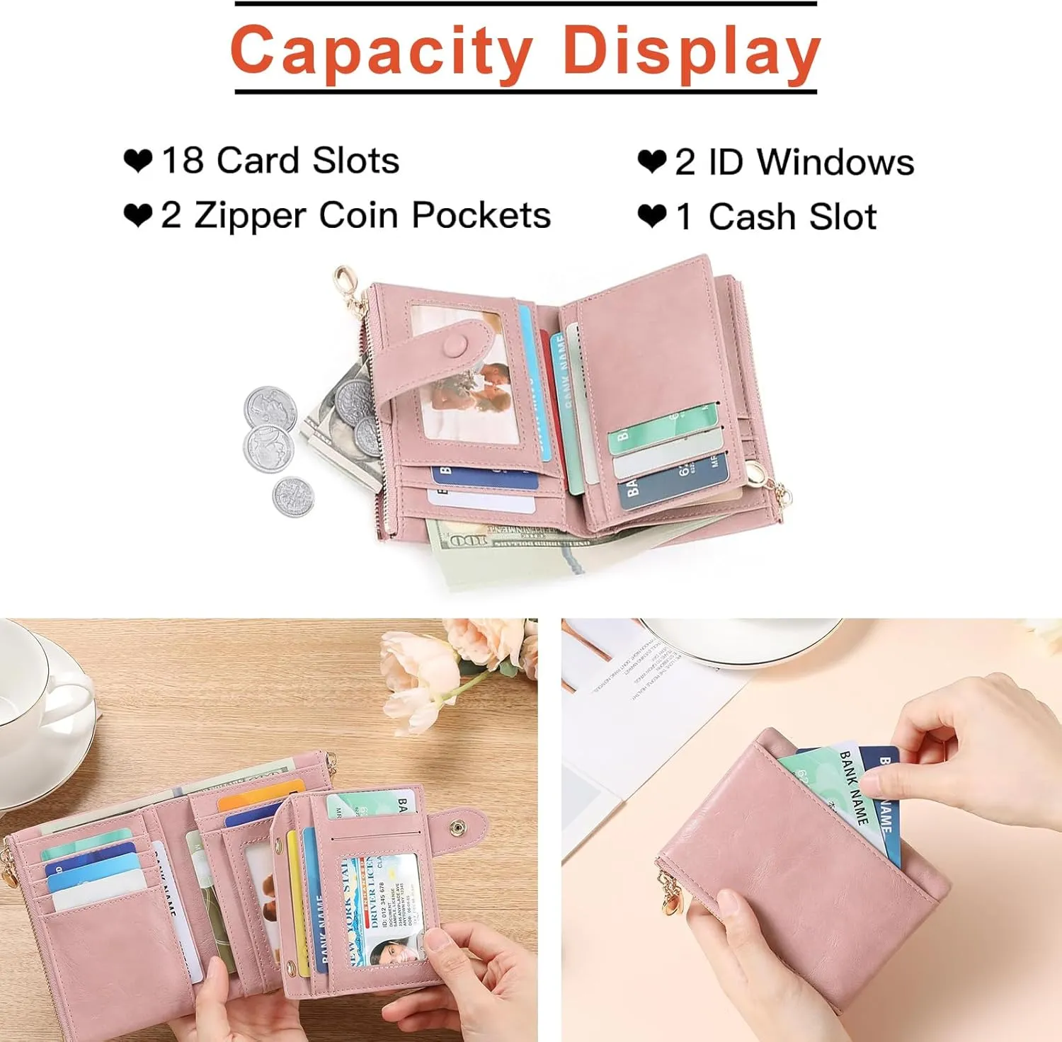 Small Wallets for Women Leather RFID Blocking Bifold Double Zipper Pockets Wallet Card Case Purse with 2 ID Windows