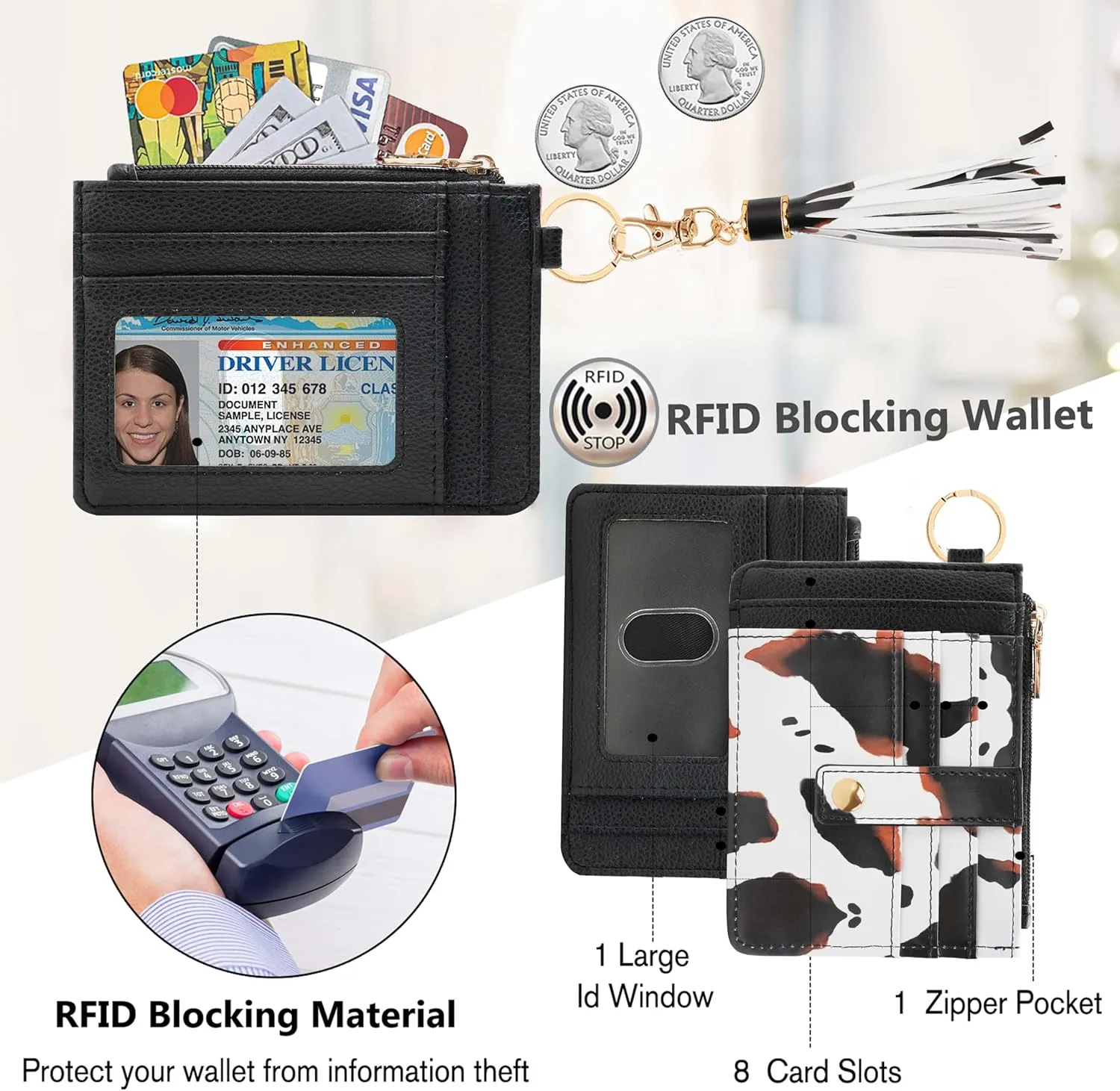 Small Wristlet Wallets for Women RFID Credit Card Holder Wallet Keychain Wristlet Wallet Credit Card Wallets for Women (Cow)