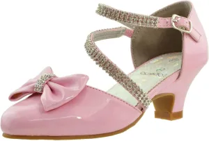 SOBEYO Girls Dress Shoes Rhinestone Bow Accent Kitten Low Heel Sandals