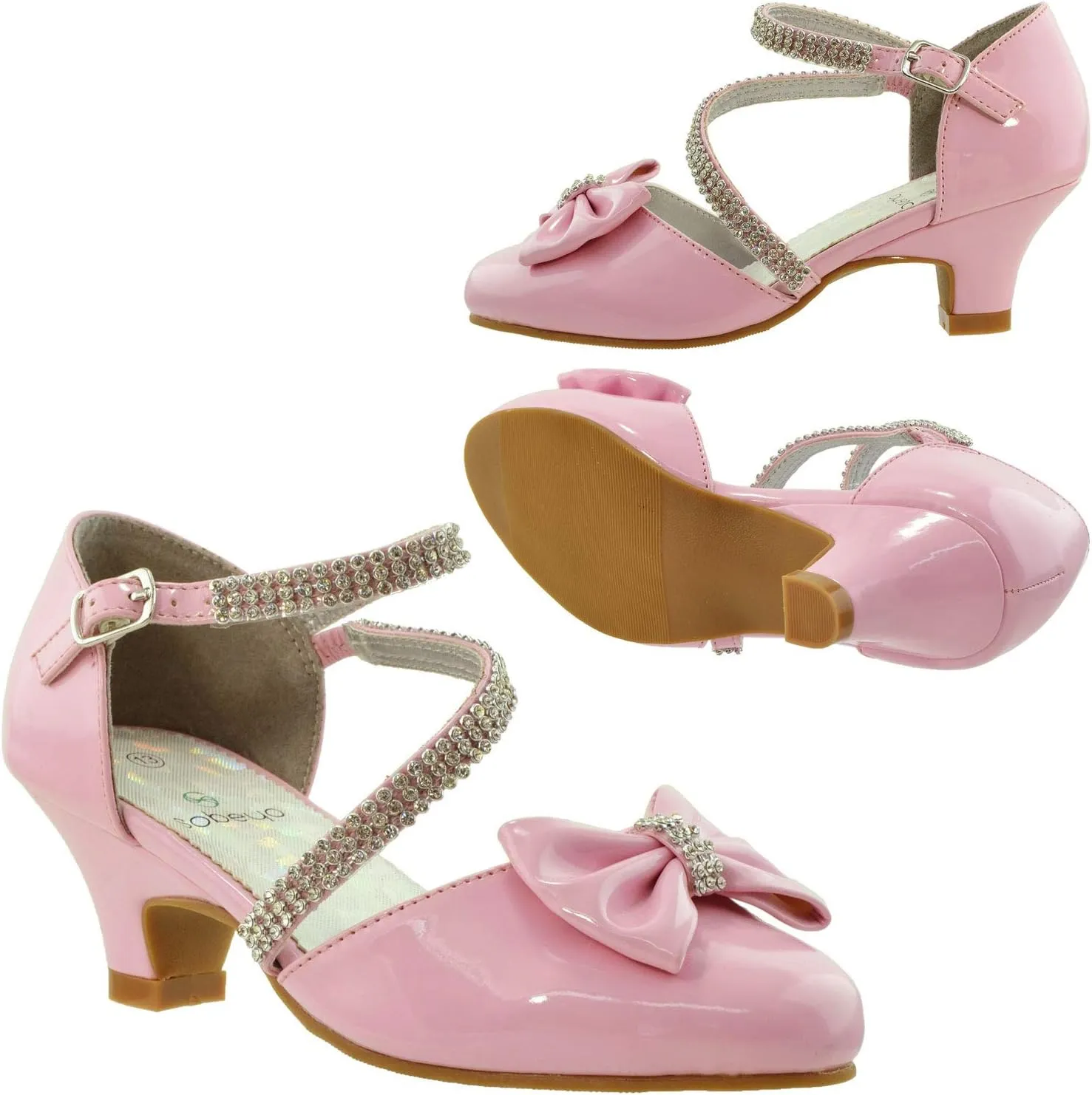 SOBEYO Girls Dress Shoes Rhinestone Bow Accent Kitten Low Heel Sandals