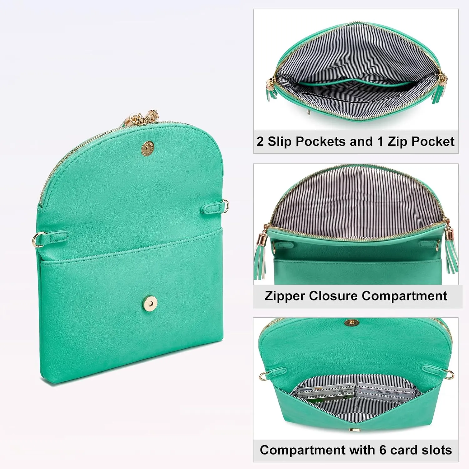 Solene Womens Envelop Clutch Purse Multi Compartments, 6 Card Slot Inside, Crossbody Bag With Tassels