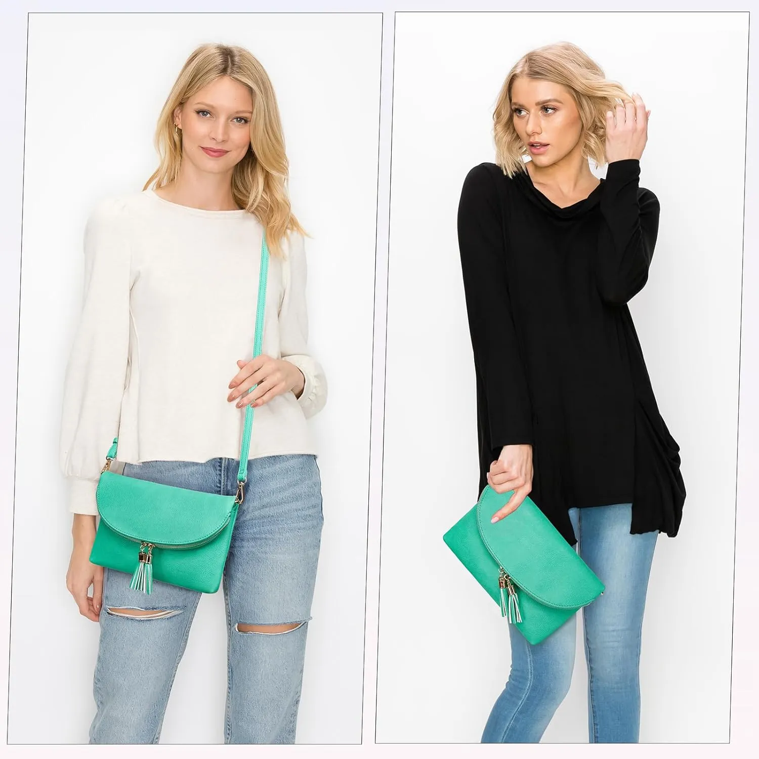 Solene Womens Envelop Clutch Purse Multi Compartments, 6 Card Slot Inside, Crossbody Bag With Tassels