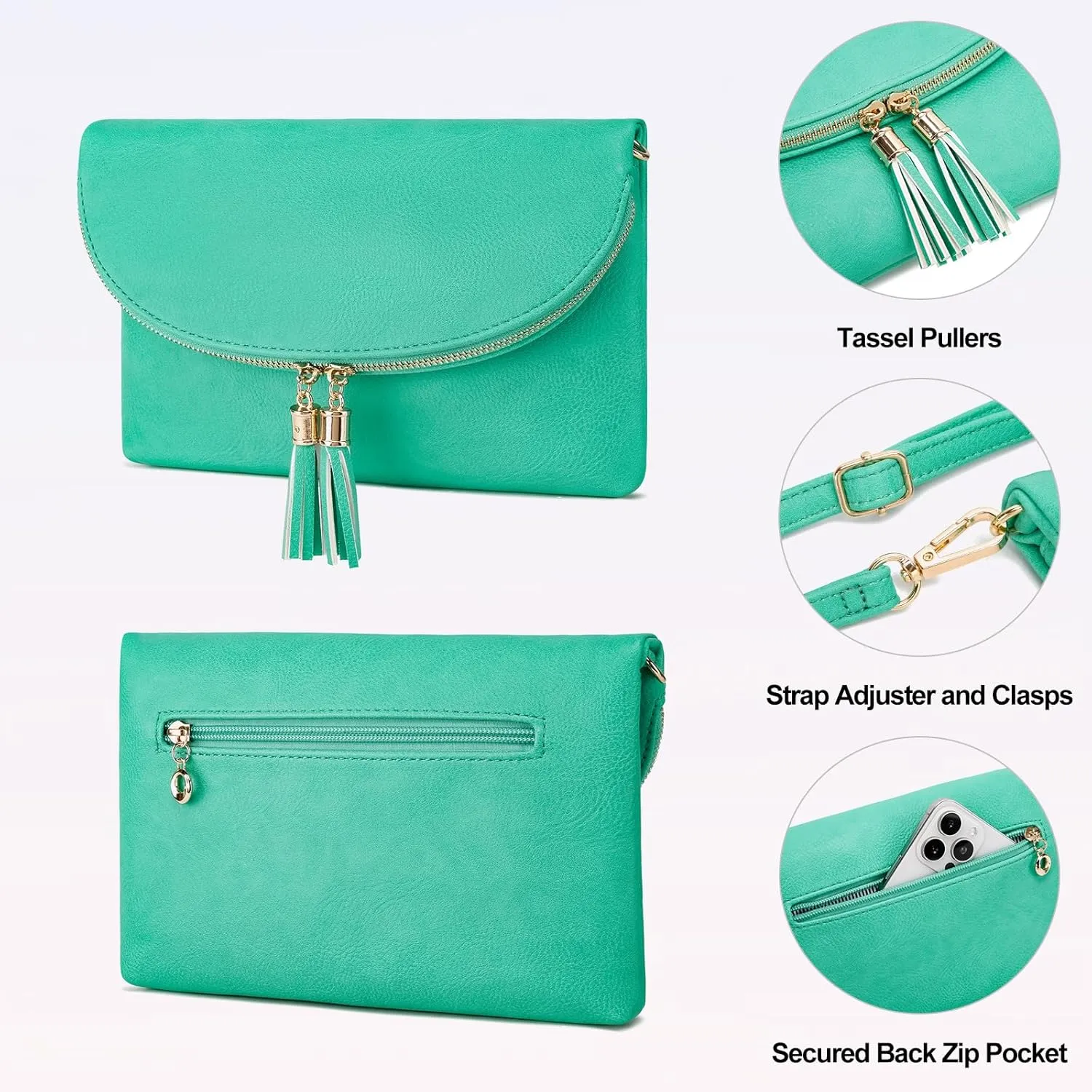 Solene Womens Envelop Clutch Purse Multi Compartments, 6 Card Slot Inside, Crossbody Bag With Tassels