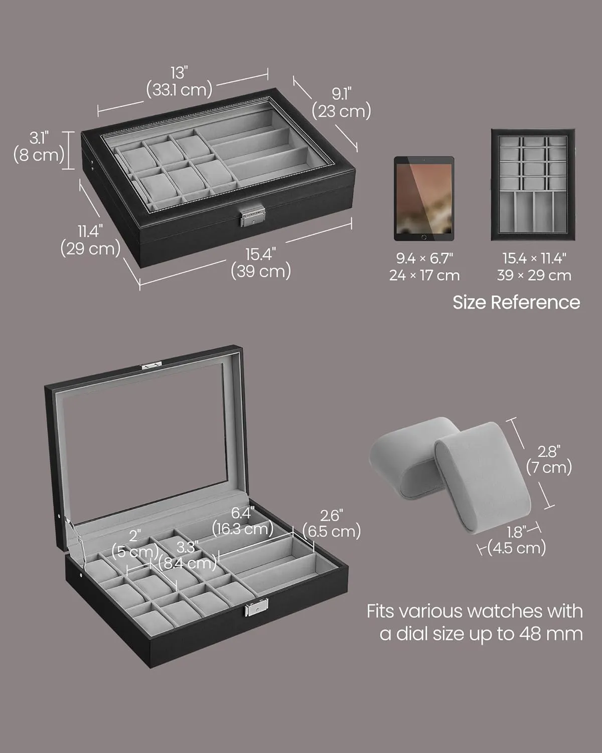 SONGMICS 16-Slot Watch Box, Lockable Storage Case With Glass Lid, Gift Idea, Ink Black Synthetic Leather, Dove Gray Lining UJWB112G01