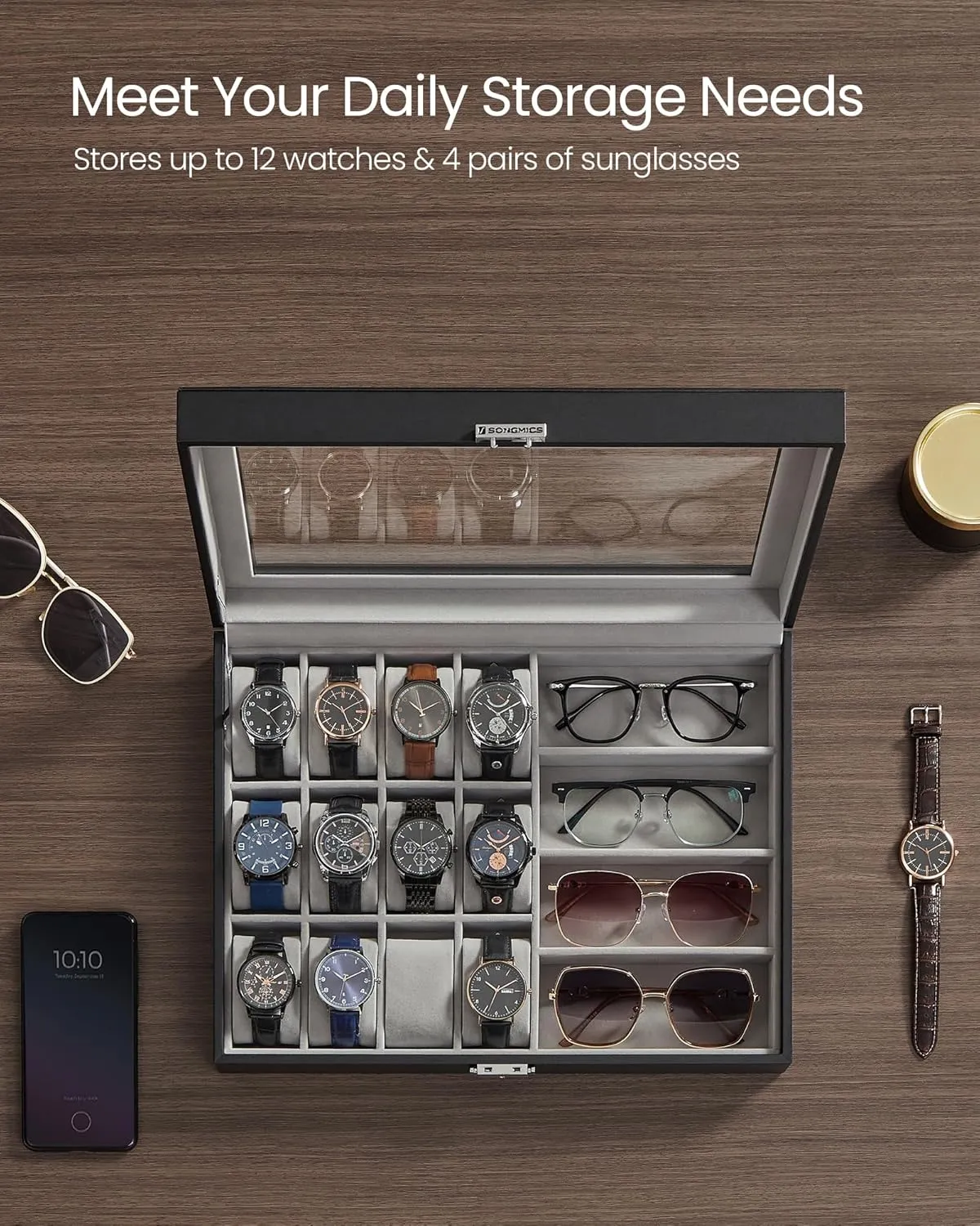 SONGMICS 16-Slot Watch Box, Lockable Storage Case With Glass Lid, Gift Idea, Ink Black Synthetic Leather, Dove Gray Lining UJWB112G01