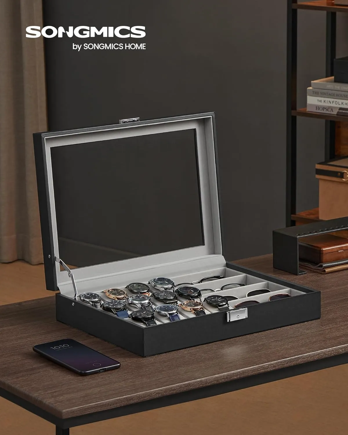 SONGMICS 16-Slot Watch Box, Lockable Storage Case With Glass Lid, Gift Idea, Ink Black Synthetic Leather, Dove Gray Lining UJWB112G01