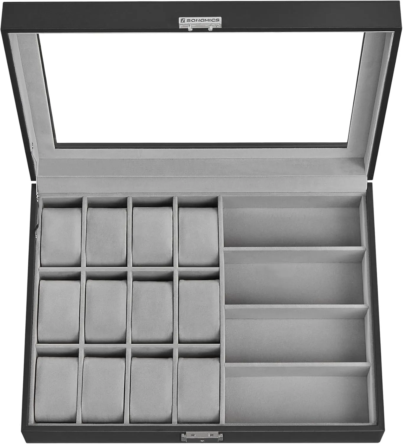 SONGMICS 16-Slot Watch Box, Lockable Storage Case With Glass Lid, Gift Idea, Ink Black Synthetic Leather, Dove Gray Lining UJWB112G01