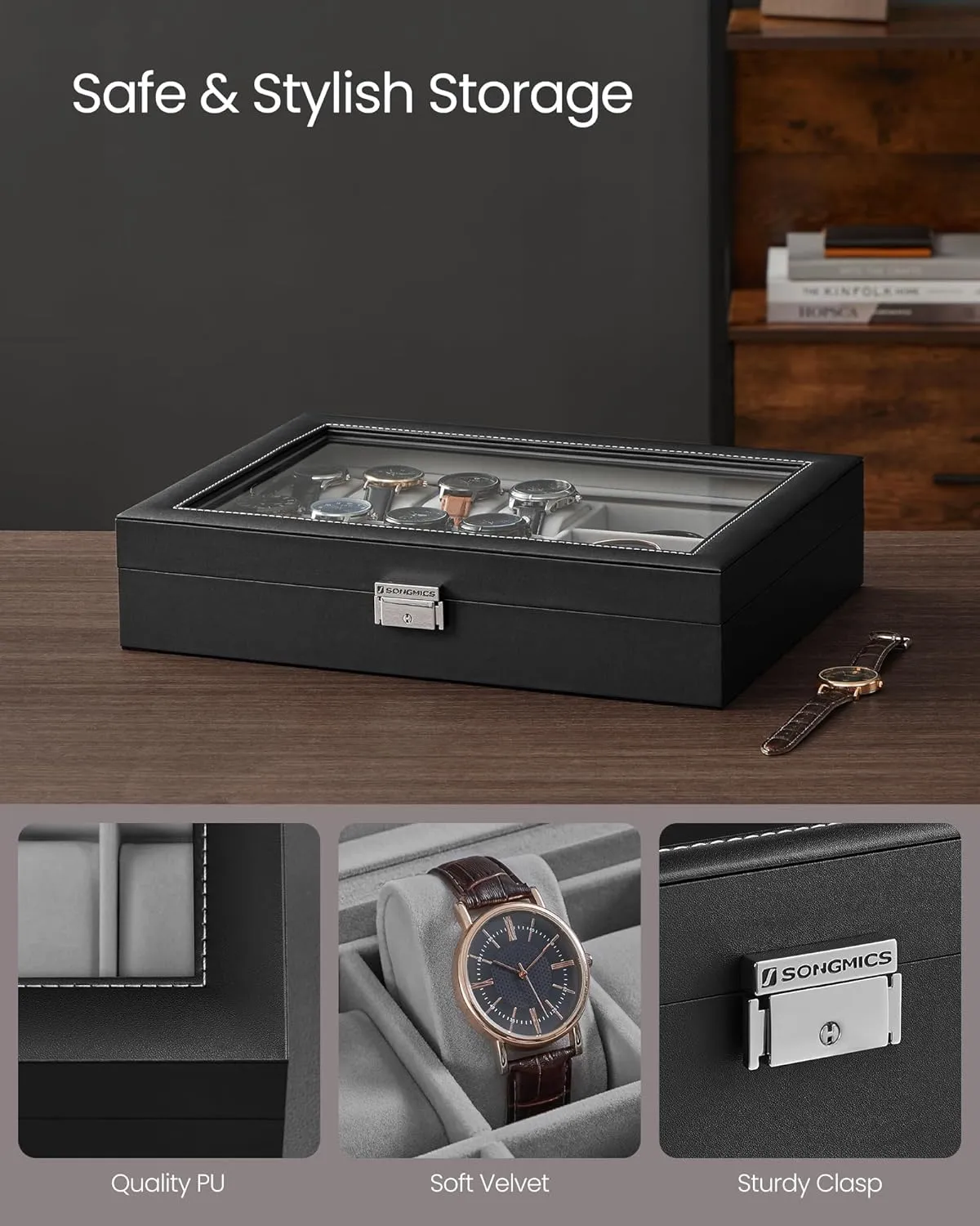 SONGMICS 16-Slot Watch Box, Lockable Storage Case With Glass Lid, Gift Idea, Ink Black Synthetic Leather, Dove Gray Lining UJWB112G01