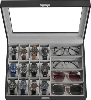 SONGMICS 16-Slot Watch Box, Lockable Storage Case With Glass Lid, Gift Idea, Ink Black Synthetic Leather, Dove Gray Lining UJWB112G01