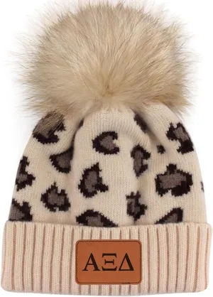 Sorority Shop - Alpha Xi Delta Beanie Hat - Leopard Print - AXD Name Patch