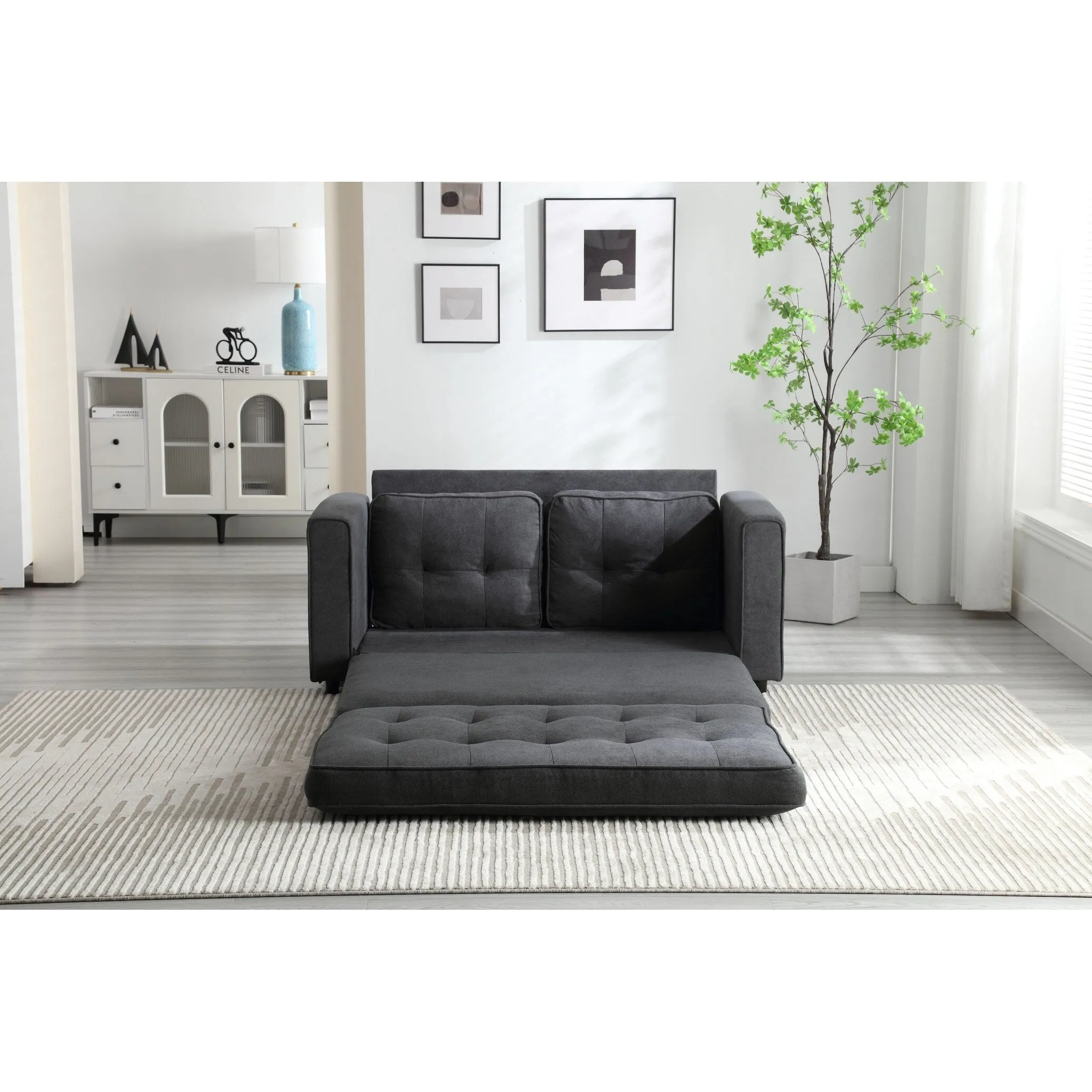 Space-Saving Convertible Futon Couch with Pull-Out Bed and Side Storage Bags
