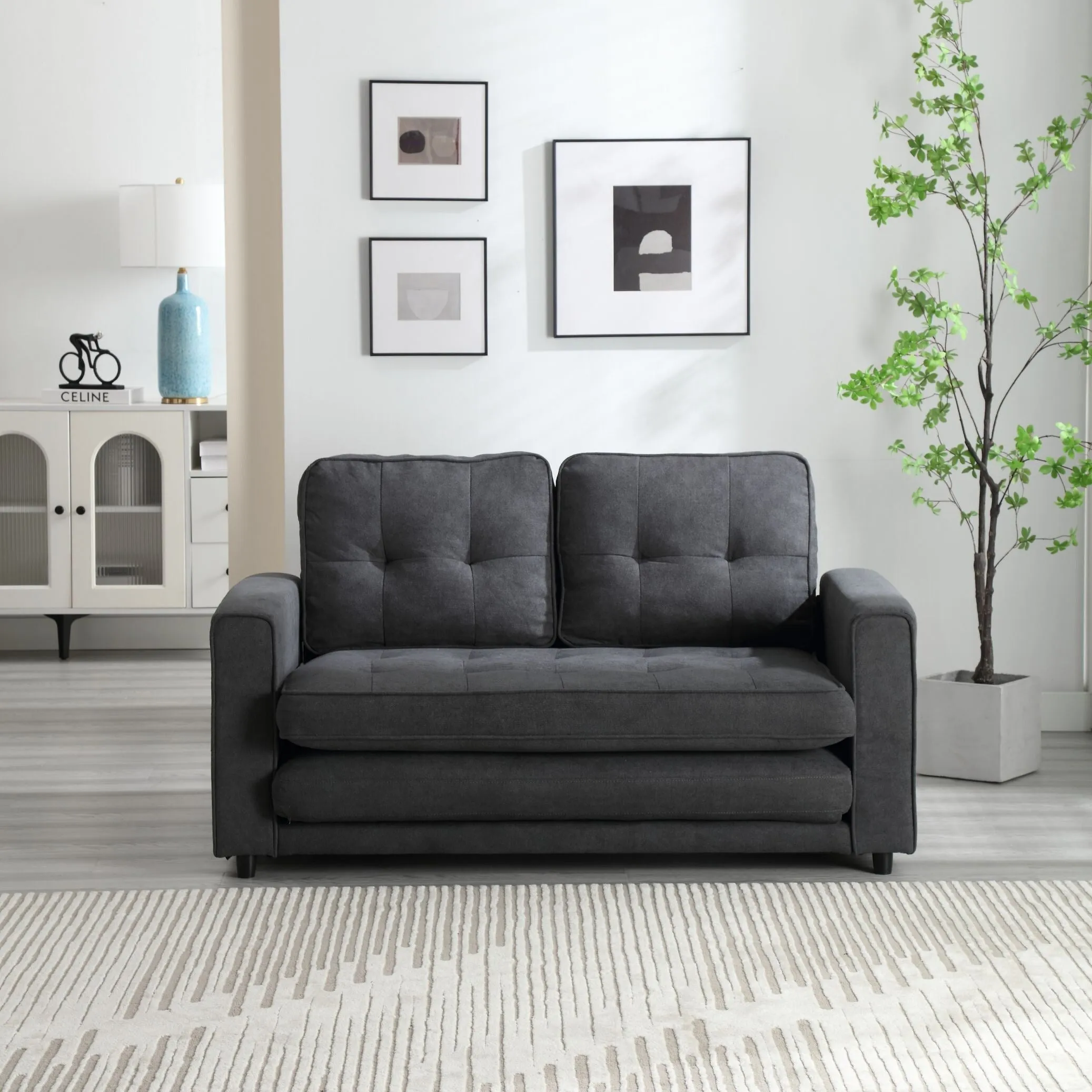 Space-Saving Convertible Futon Couch with Pull-Out Bed and Side Storage Bags