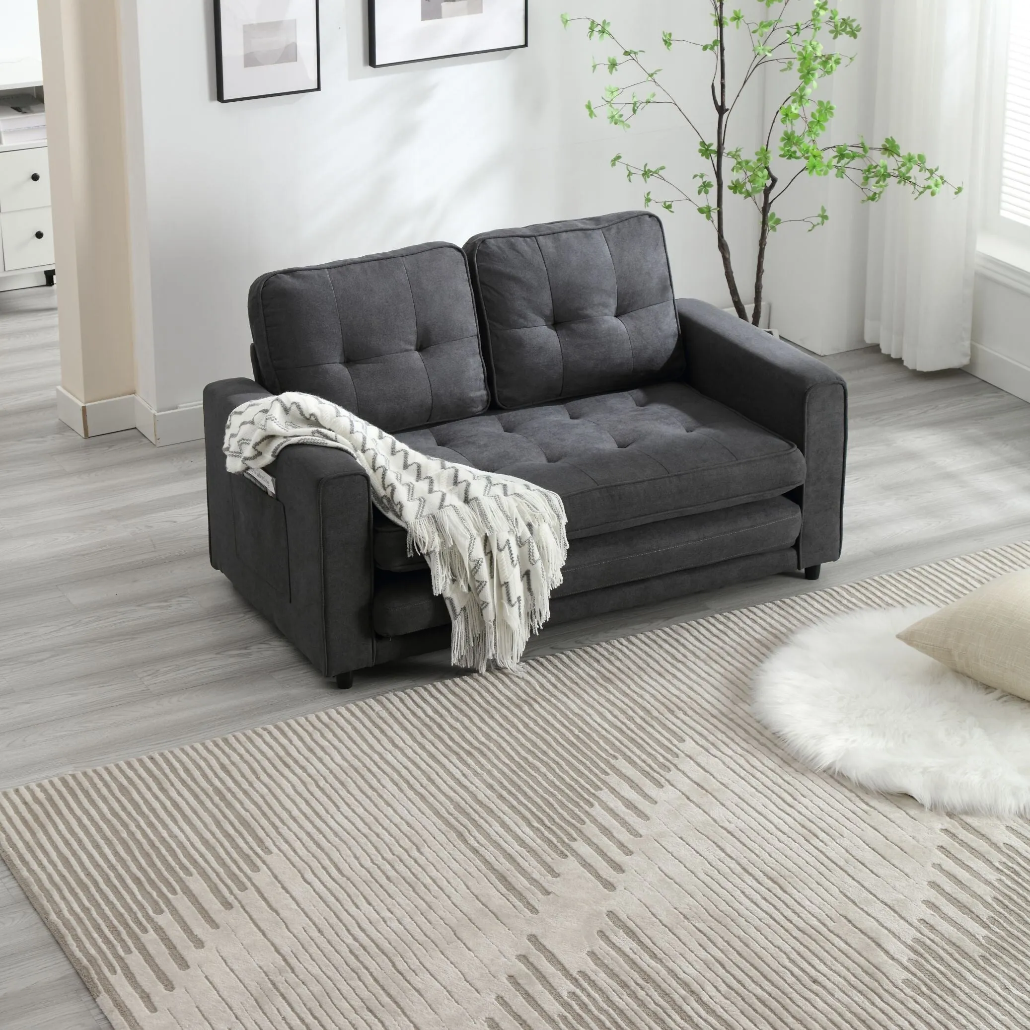 Space-Saving Convertible Futon Couch with Pull-Out Bed and Side Storage Bags