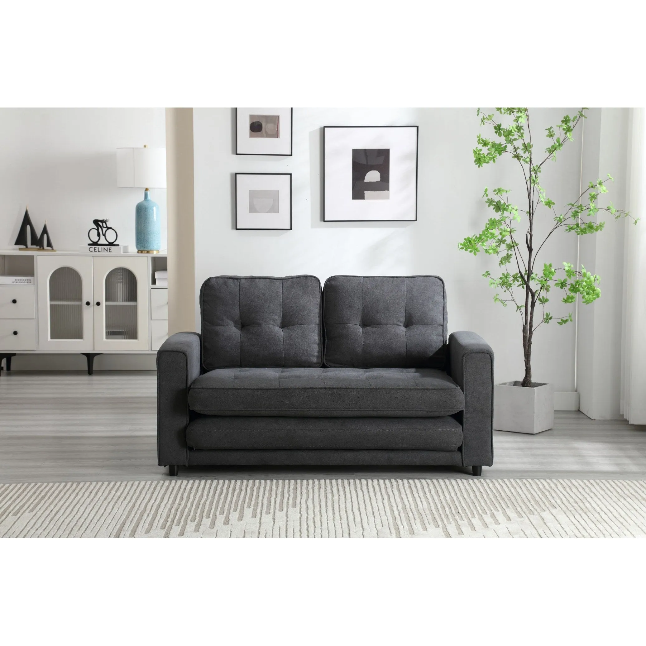 Space-Saving Convertible Futon Couch with Pull-Out Bed and Side Storage Bags