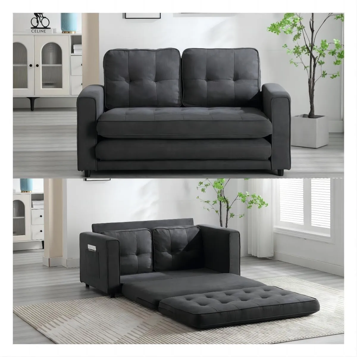 Space-Saving Convertible Futon Couch with Pull-Out Bed and Side Storage Bags