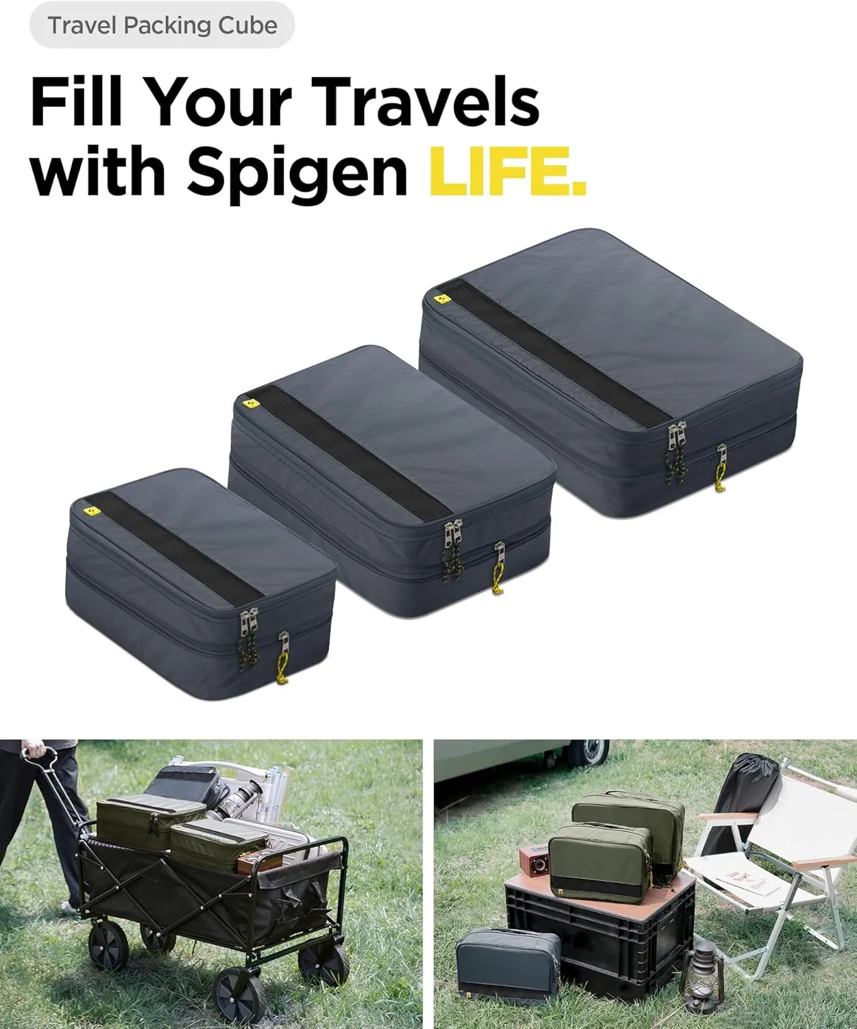 Spigen Life Compression Packing Cube 3 Pack (2 Small   1 X-Large) for Travel Luggage Organizer for Suitcases & Carry on, Expandable, Water-Resistant, Durable, Lightweight, 2-way Zippers - Grotto Gray