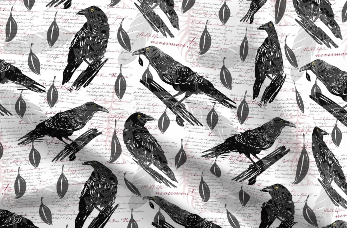 Spoonflower Fabric - Dark Academia Literature Raven Bird Halloween Poem Edgar Allen Poe Printed on Denim Fabric by The Yard - Bottomweight Apparel Home Decor Upholstery