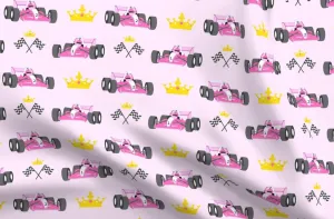 Spoonflower Fabric - Princess Race Cars Pink Girls Racing Printed on Upholstery Velvet Fabric Fat Quarter - Upholstery Home Decor Bottomweight Apparel