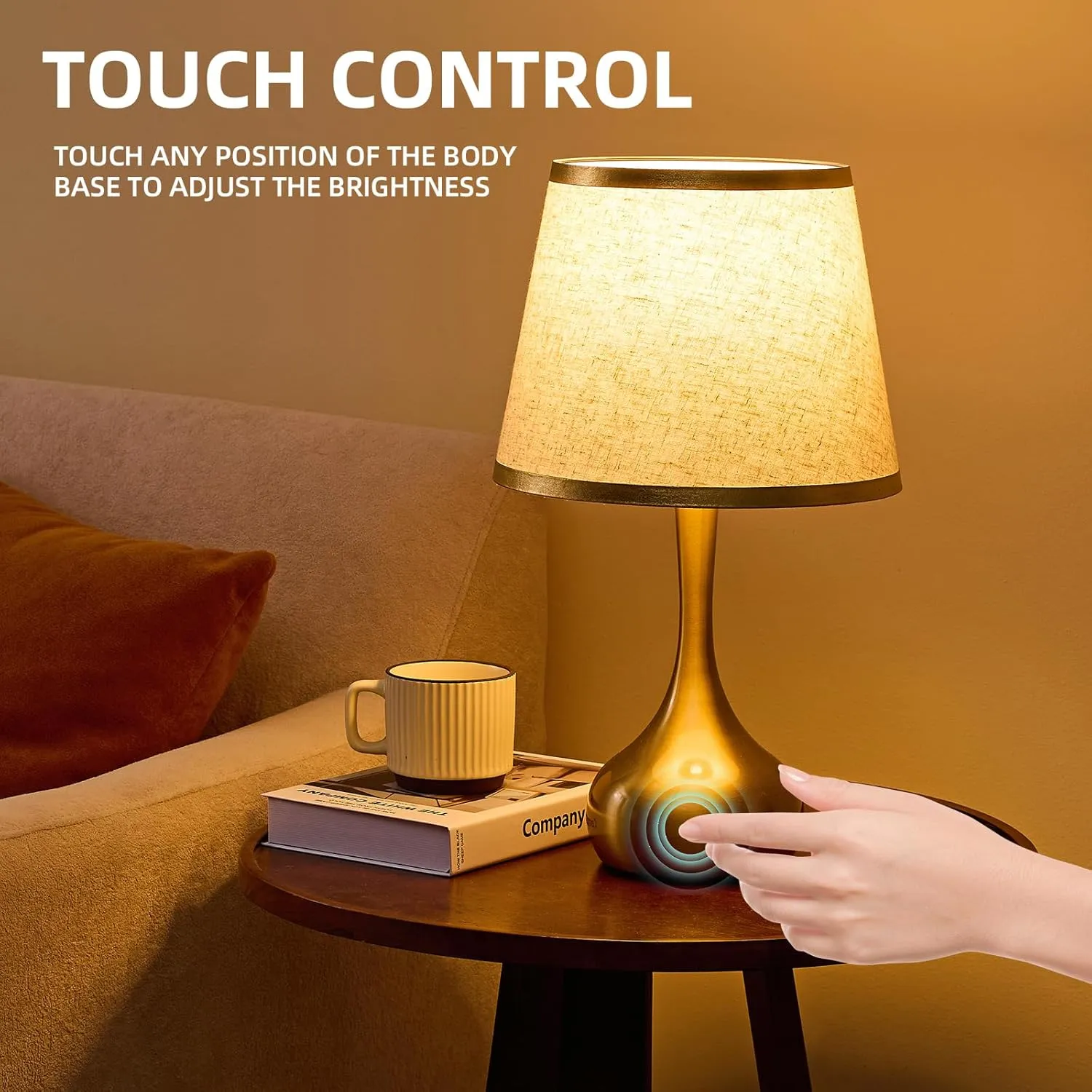 Stepless Dimmable Touch Lamp Set of 2,Bedside Table Lamp for Bedroom,Nightstand Lamp,Living Room,Dorm Desk Lighting with Gold Metal(Dimmable Bulb Included)